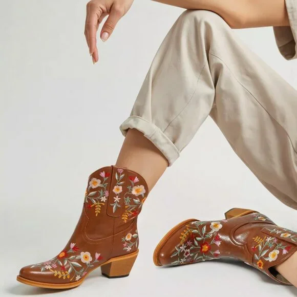 Women's Brown Flower Embroidered Ankle Cowgirl Boots Floral Snip Square Toe - Picture 5 of 6